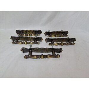 5 Vtg 1971 Amerock Hammered Brass Drawer Pull Handle, Carriage House Backplates